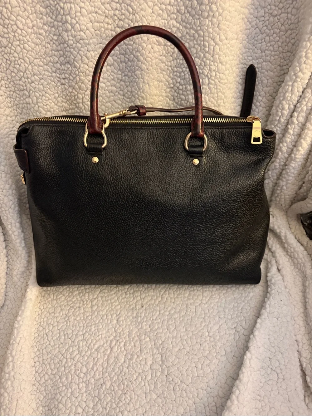 Coach Emma Satchel in Black with Brown Signature Canvas and Red Handles
